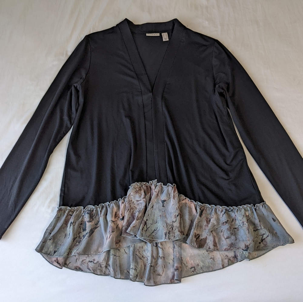 LOGO by Lori Goldstein Open Black Cardigan Sheer Floral Flowy hem Relaxed Fit